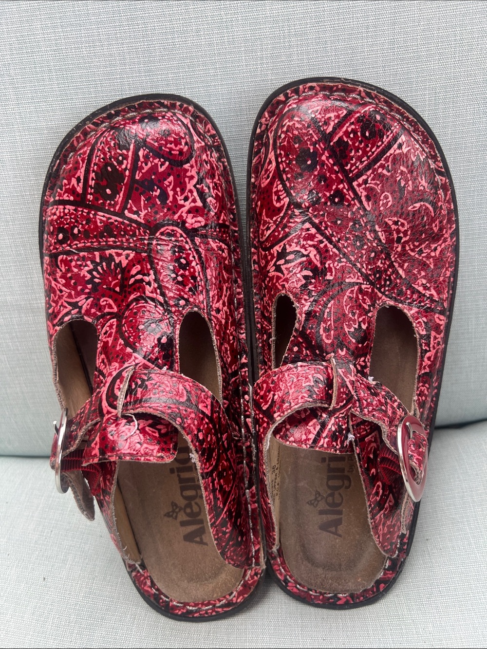 Alegria Red Patterned Slip-On Mules with Round Buckle euro 36